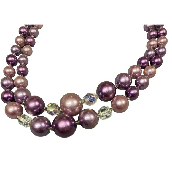 Vintage 1950s Signed Japan Double-Strand Purple & Pink Beaded Necklace - Picture 2 of 4